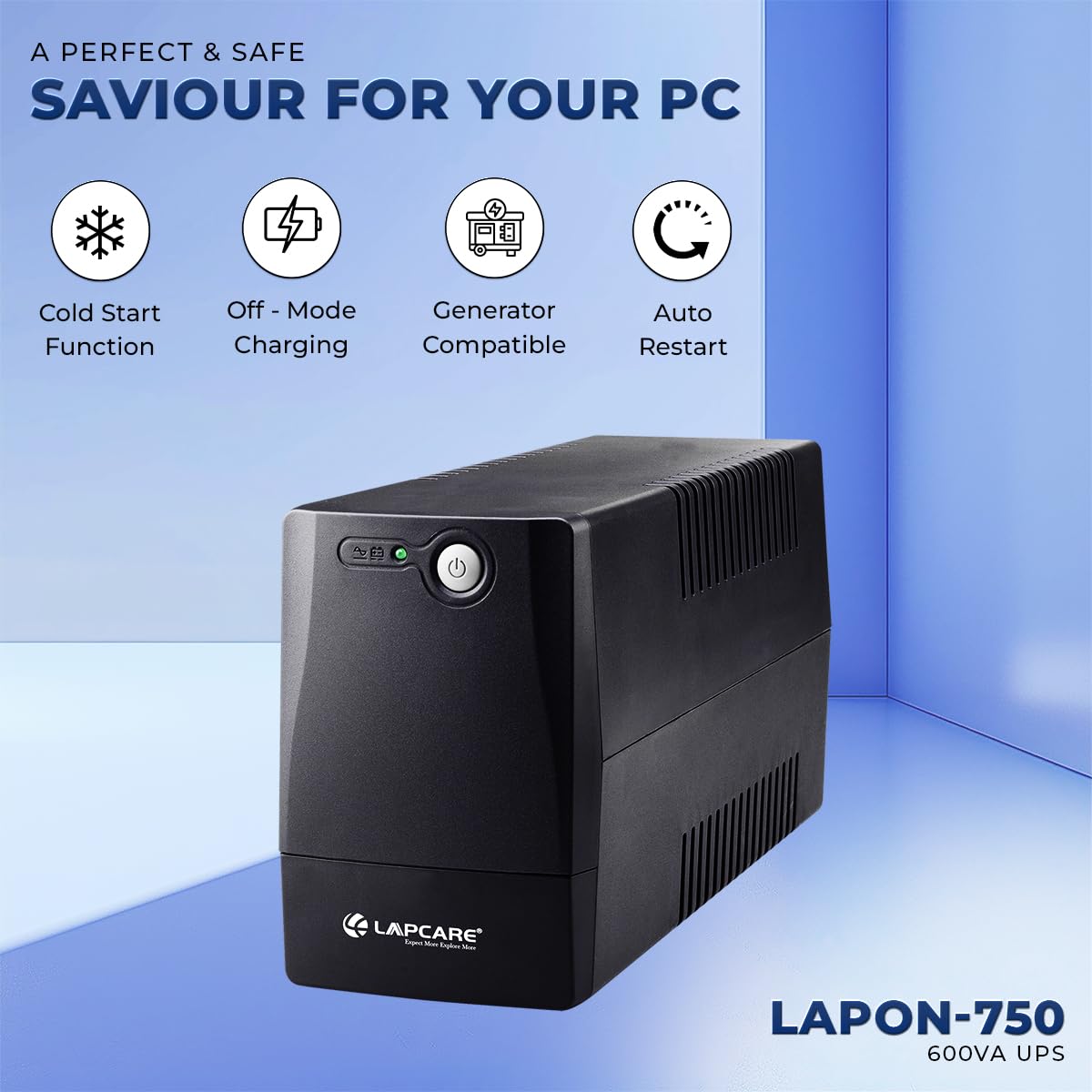Lapcare 600VA /360W, 230V, UPS System, an Ideal Power Backup & Protection for Home Office, Desktop PC & Home Electronics, Lead Acid Battery, Black