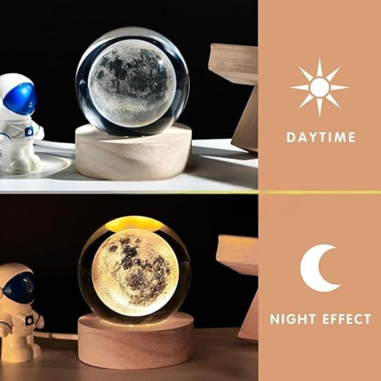 3D Crystal Moon Lamp – Engraved Crystal Ball LED Night Light with Wooden Base, USB Powered, Ideal for Home & Office Décor, Birthday Gift for Adults (Warm White)