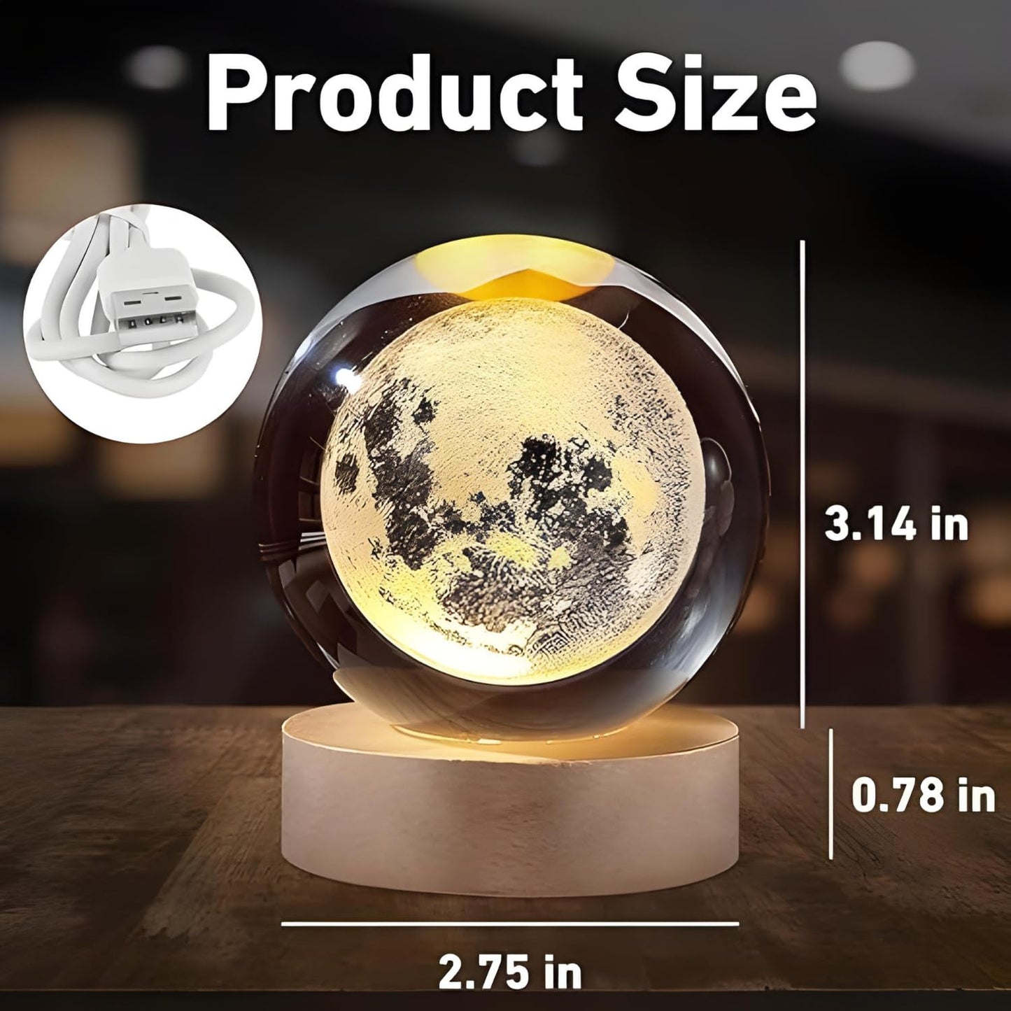 3D Crystal Moon Lamp – Engraved Crystal Ball LED Night Light with Wooden Base, USB Powered, Ideal for Home & Office Décor, Birthday Gift for Adults (Warm White)