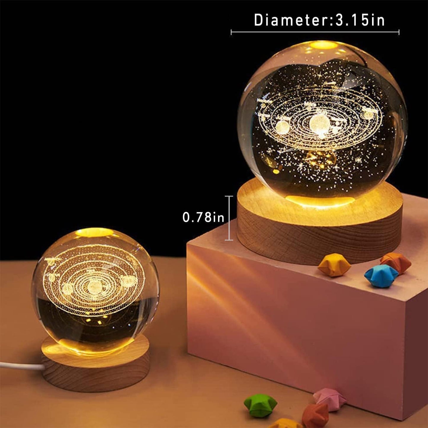 Galaxy Crystal Ball Night Lamp,Solar System Crystal Ball Night Light, USB Powered 2.4 Inch Wooden Base Galaxy Glass Ball with Colorful LED Base