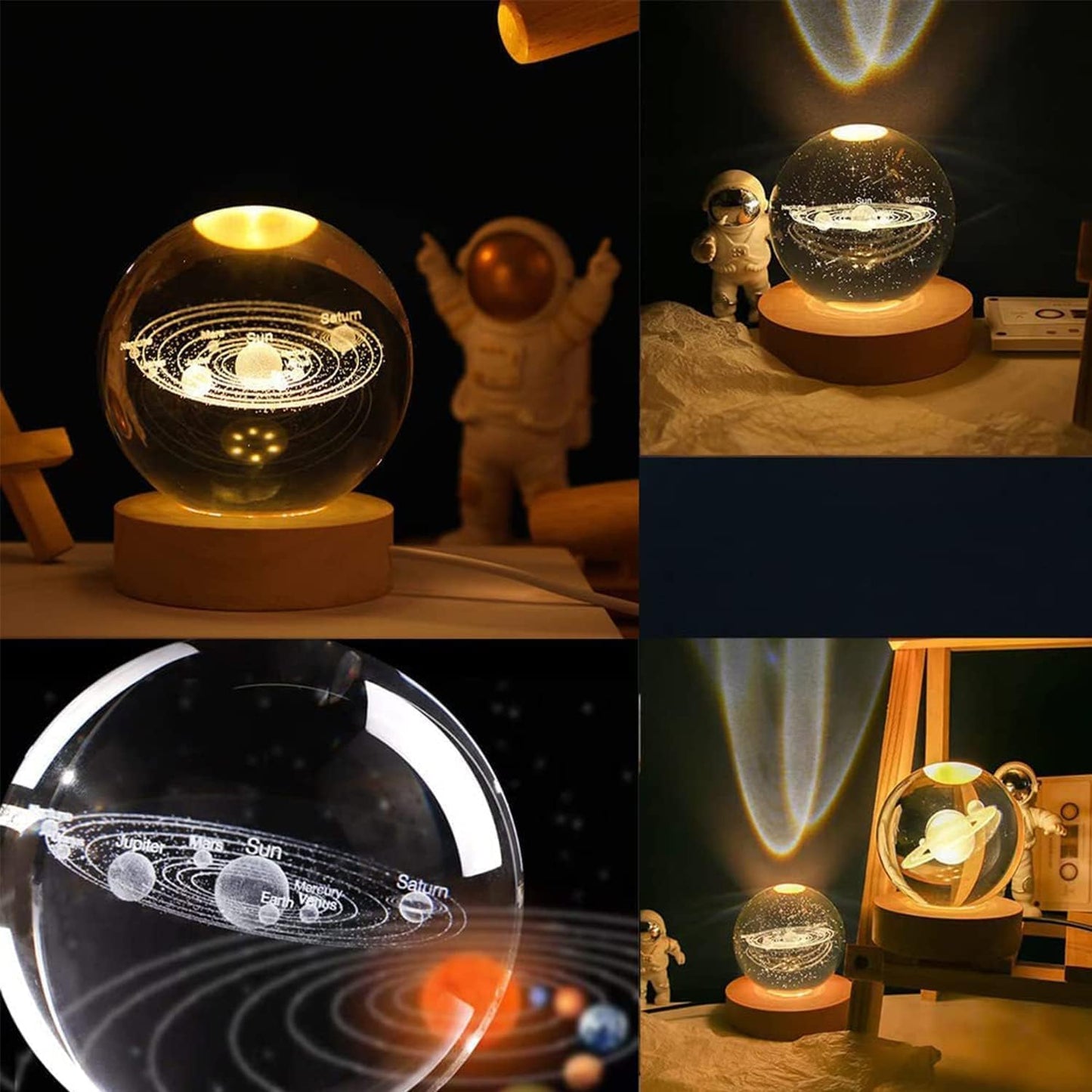 Galaxy Crystal Ball Night Lamp,Solar System Crystal Ball Night Light, USB Powered 2.4 Inch Wooden Base Galaxy Glass Ball with Colorful LED Base