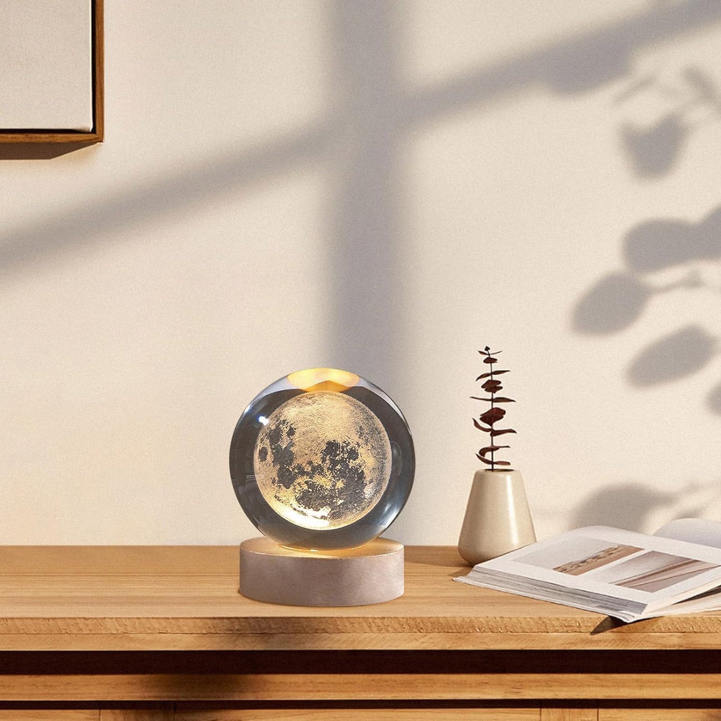 3D Crystal Moon Lamp – Engraved Crystal Ball LED Night Light with Wooden Base, USB Powered, Ideal for Home & Office Décor, Birthday Gift for Adults (Warm White)